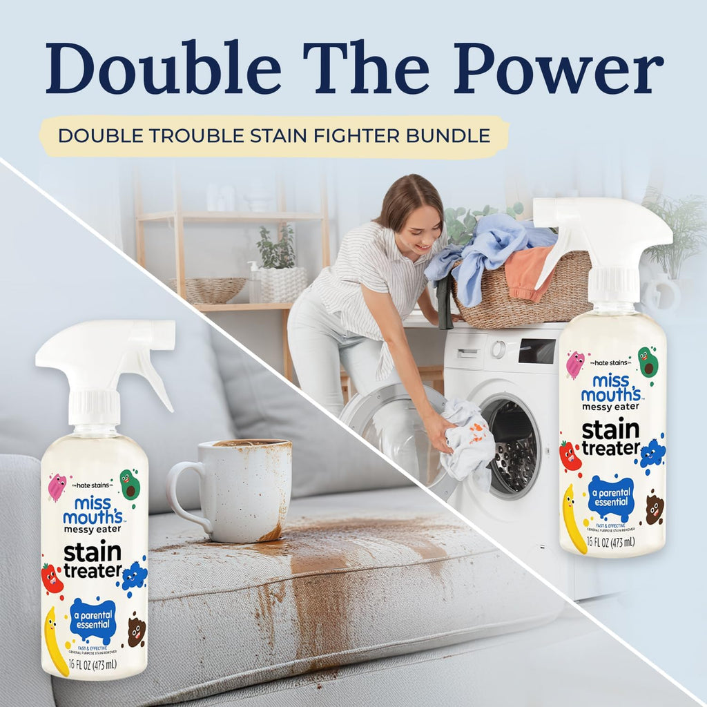 Miss Mouth’s Messy Eater Stain Treater Double Trouble Bundle - 2-Pack of 16oz Stain Remover - Newborn & Baby Essentials - No Dry Cleaning Food, Grease, Coffee Off Laundry, Underwear, Fabric