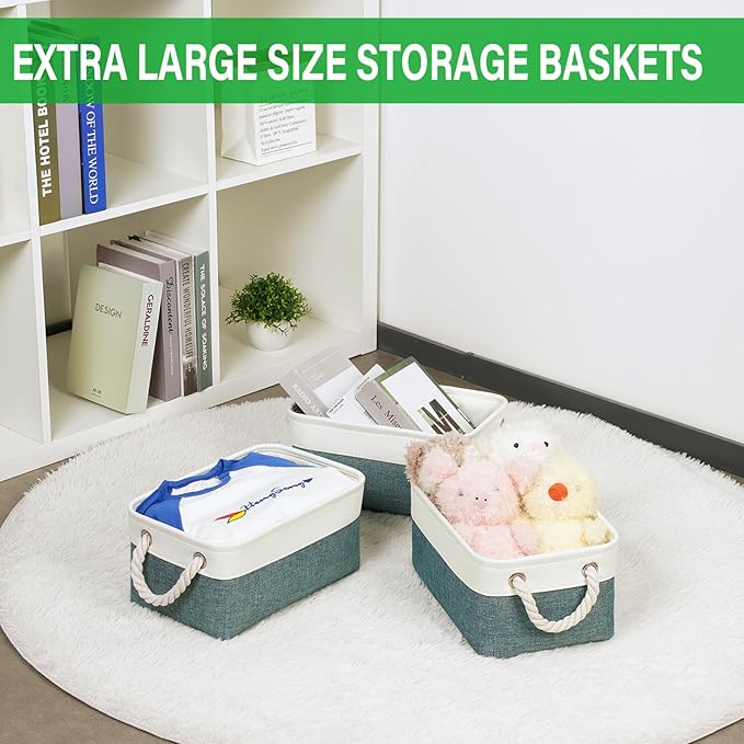Bidtakay Small Storage Baskets for Shelves 3 Pack Fabric Storage Bins for Organizing Linen Collapsible Organizer for Closet-Deep Green
