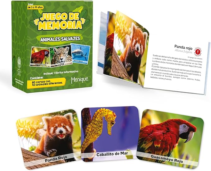 Menique Wild Animals Memory Matching Game – Spanish Edition – 80 Cards (40 Pairs) with Real Photos – Educational Game in Spanish for Kids and Adults – Includes Booklet