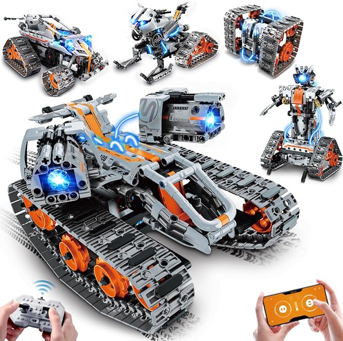 5-in-1 Building Toys with LED Light, APP & Remote Control Building Block Set, 604 PCS RC Tech Rechargeable Tank Robot Sleigh Tracked Racer Toy, Gift for Kids Boys Girls Ages 6 7 8 9 10 11 12+