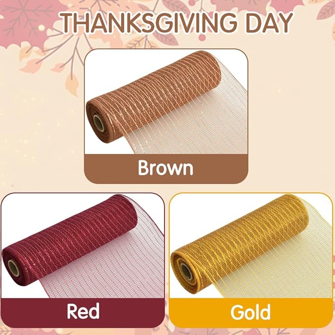 TONIFUL 10 Inch 3 Rolls DeepRed/Brown/Gold Thanksgiving Decorative Mesh Ribbons, Fabric Mesh with Foil for Tree Home Front Door Wreaths Decorations Supplies（3 Colors, 10yards/ roll）