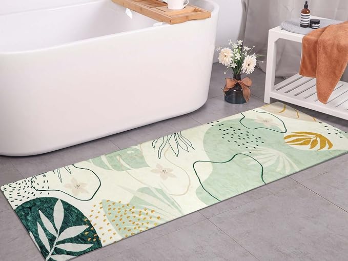 Lahome Green Hallway Runner - 2x7 Washable Non-Slip Runner Rug Throw Lightweight Soft Bathroom Runner Rug, Boho Botanical Print Indoor Carpet Runner for Bedroom Kitchen Entrance Laundry Living Room