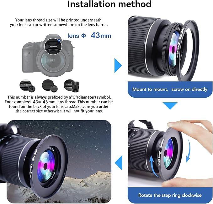 43mm to 62mm Lens adapter/43mm Lens to 62mm Camera Filters Ring Compatible All 43mm Camera Lenses to 62mm UV CPL ND Filter Accessory and 62mm Camera Accessory