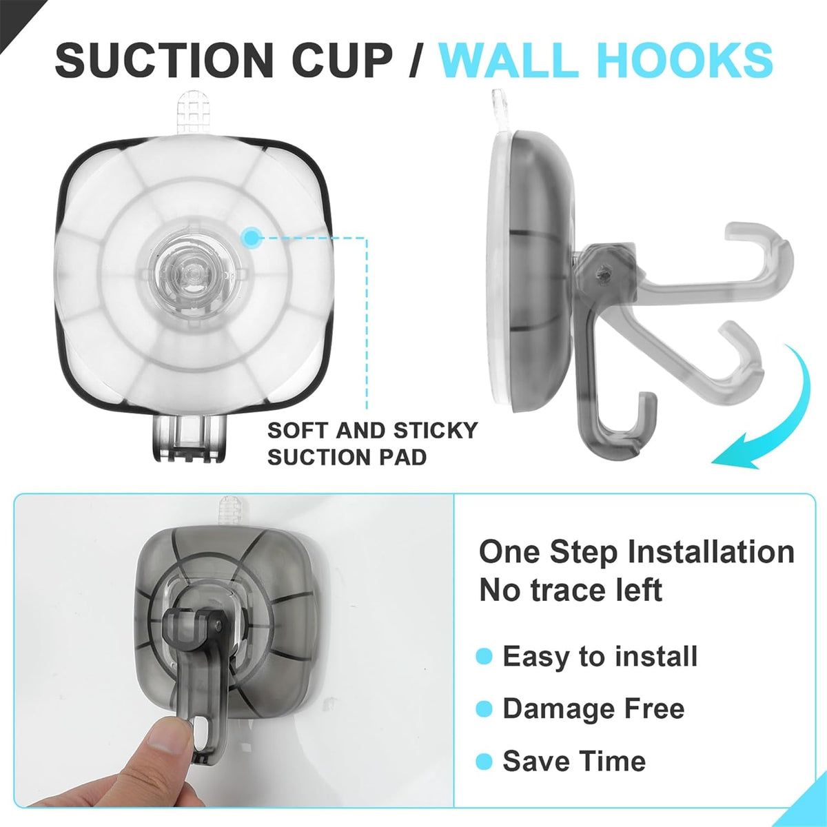 22 lb Heavy Duty Suction Cup Hooks 4 Pack - 360° Rotating Shower Hooks for Bathroom, Wall, Glass Door, Window Hanging Foldable Holder for Towel, Wreath, Cups (ABS+PC) No Drill Suction Hook Reusable