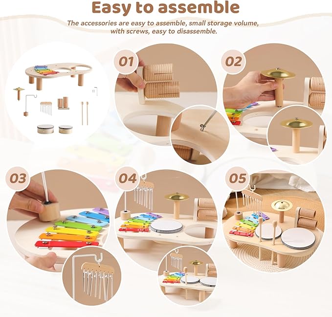 Promise Babe Wooden Drum Set for Toddlers 1-3, Musical Percussion Instruments for Kids Baby Drum Set Xylophone, Montessori Educational Musical Toys, Gifts for Girls Boys Ages 3+