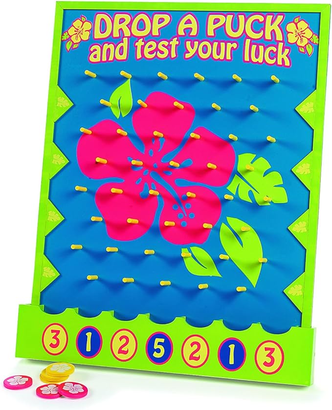 Fun Express 16" x 20" Tropical Luau Multicolor Wood Tabletop Disc Drop Game - 8 Pieces in Set - Great for Vacation Bible School, Birthday Parties and Luaus