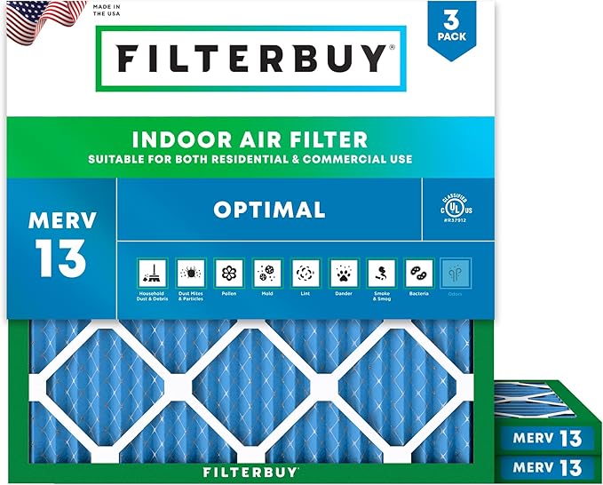 Filterbuy 22x22x1 Air Filter MERV 13 Optimal Smoke & Allergy Defense (3-Pack), Electrostatic Pleated HVAC AC Furnace Filters Replacement, Made in USA (Actual Size: 21.50 x 21.50 x 0.75)