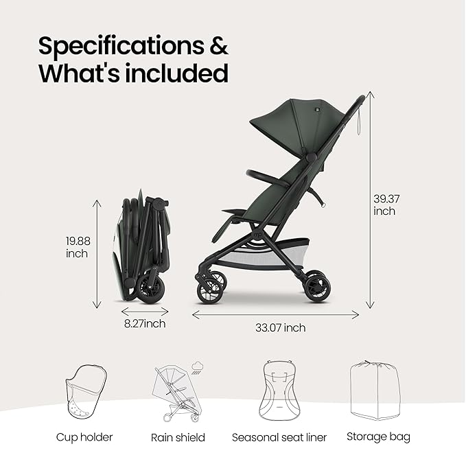 Mompush Velo Lightweight Travel Stroller – One-Hand Fold, Ultra-Compact & Airplane Friendly, Lie-Flat Recline Seat (from Birth to 50 lbs), Includes Cup Holder, Shoulder Strap, and Leather Bumper Bar