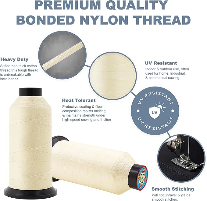 Mandala Crafts Size 46 210D T45 Bonded Nylon Thread Ivory Heavy Duty Sewing Threads - 2843 YDs Tex 45 Thread for Leather, Jeans, Weaving, Outdoor Marine Upholstery Threads
