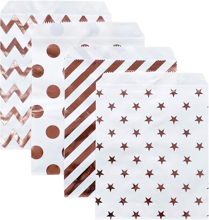 KEYYOOMY 100 Pcs Rose Gold Candy Buffet Bags Small Cookie Bag Polka Dot Paper Treat Bag for Wedding Birthday Party (5 inch x 7 inch)