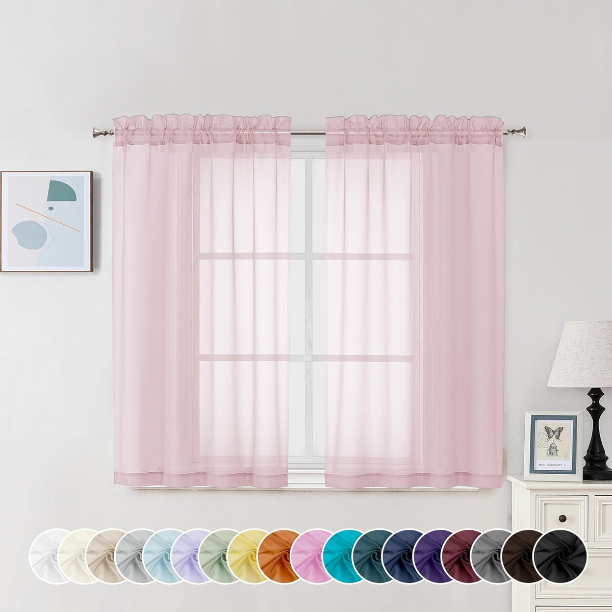 Chyhomenyc Sheer Curtains 45 Inch Long 2 Panels, Short Voile Drapes for Dinning Small Windows Bathroom Living Room Bedroom, Rod Pocket, 42Wx45L Inches, 2PCS, Blush Pink