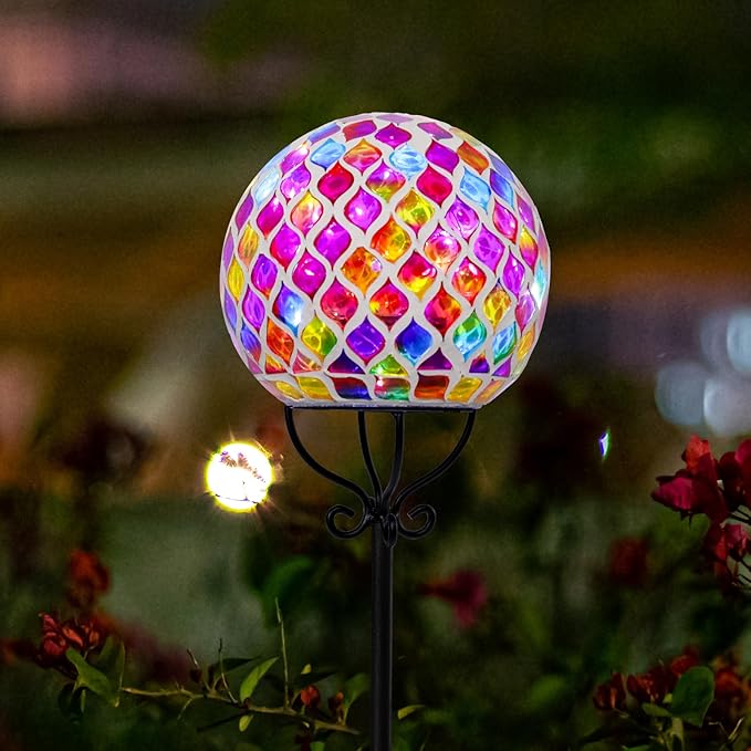 VCUTEKA Solar Outdoor Lights Garden Decor Mosaic Solar Garden Lights Waterproof Glass Ball LED Pathway Stake Light for Landscape Lawn Patio Yard Decoration 6 inch, Red