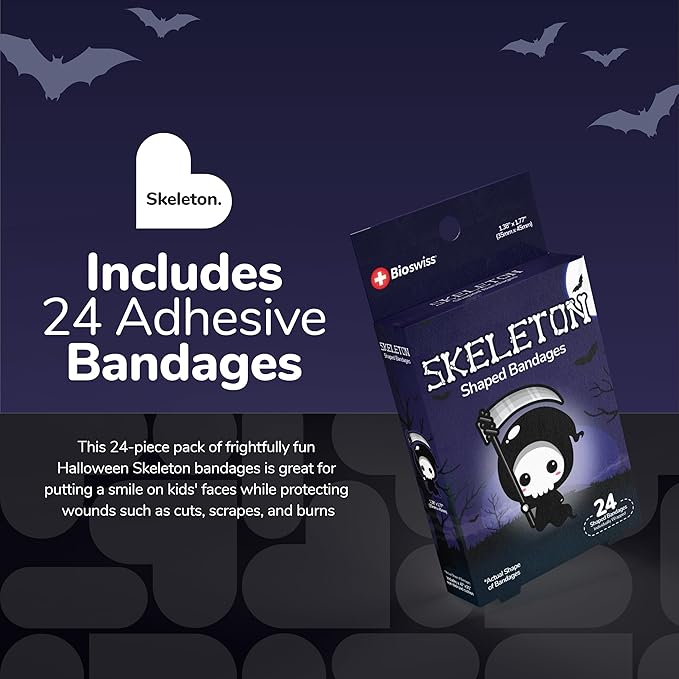 BioSwiss Bandages, Halloween Skeleton Shaped Self Adhesive Bandage, Latex Free Sterile Wound Care, Fun First Aid Kit Supplies for Kids, 24 Count