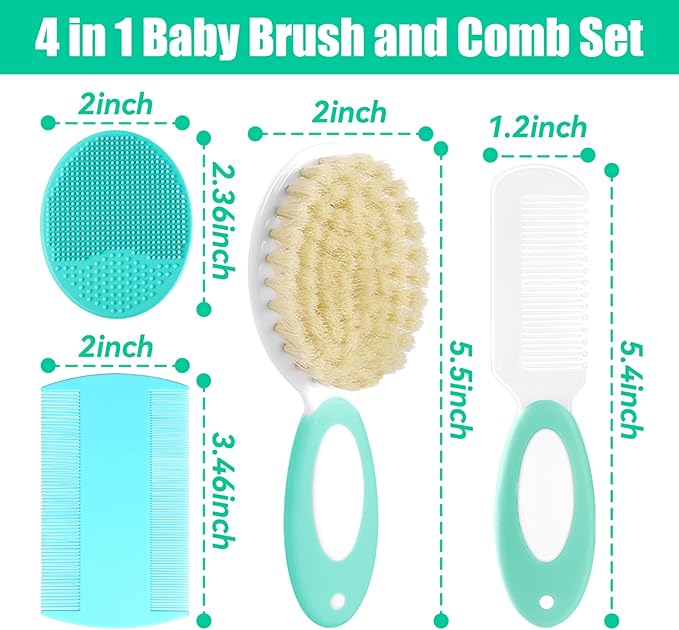 Baby Hair Brush and Comb Set, 4Pcs Baby Soft Bristles Hairbrush Cradle Cap Brush Hair Comb for Newborns Toddlers Boys Girls (Green)