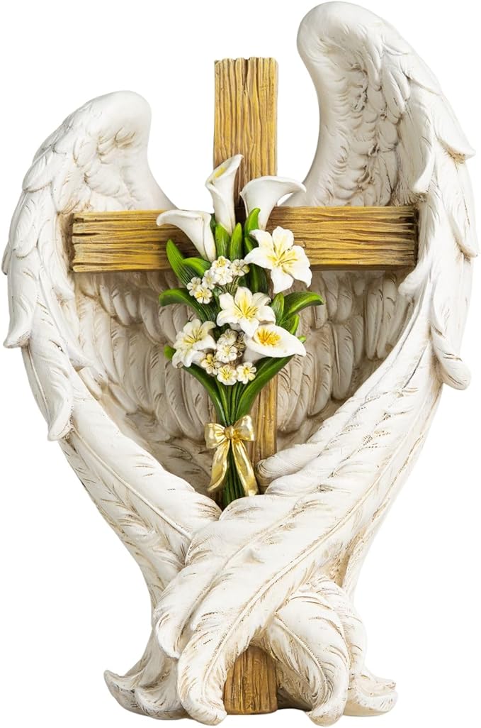 12" Angel Wings Embracing Cross and Calla Lily Garden Statue Memorial Statue