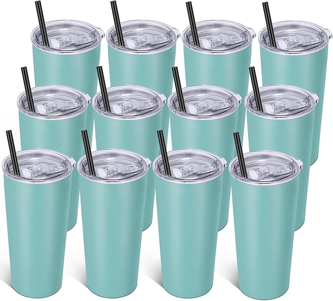 VEGOND 20oz Tumbler Bulk with Lid and Straw 12 Pack, Stainless Steel Vacuum Insulated Tumbler, Double Wall Coffee Cup Travel Mug, River Green
