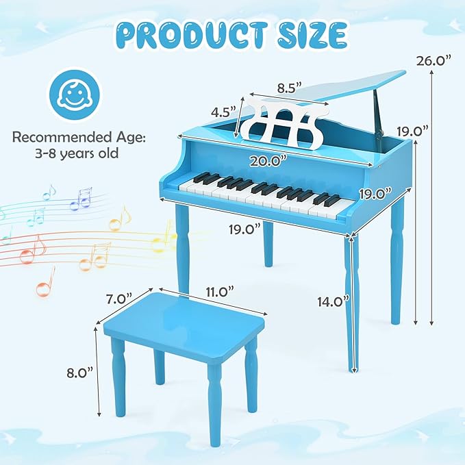 Goplus 30-Key Classical Kids Piano, Mini Grand Piano Wooden Learn-to-Play Musical Instrument Toy with Bench, Piano Lid, Music Rack, Gift for Boys Girls Aged 2+ Baby Toddler (4 Straight Leg-Blue)
