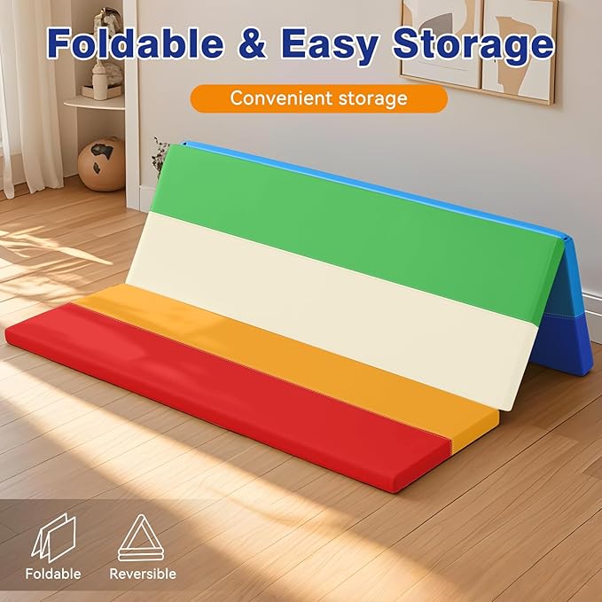 Foam Baby Play Mat: PU Leather Waterproof Kids Playmat - Trifold Floor Mat - Large Play Mat for Playpen Thick Pad Fodable Mattress Soft Toddler Mattress Infant Cushion for Preschool (Rainbow)