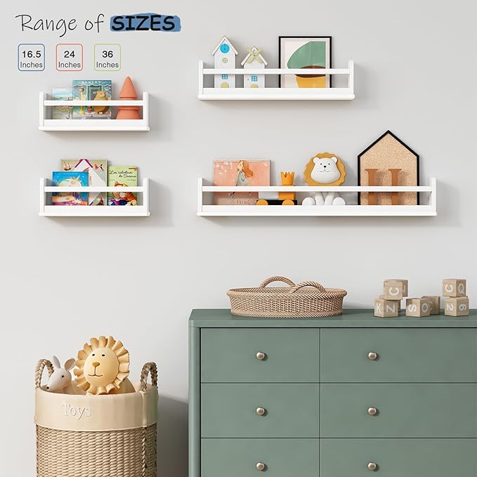 Upgraded White Wall Bookshelf for Kids Room, 36 Inch Long Floating Nursery Book Shelves for Wall, Wider Hanging Bookshelves for Toddlers Childrens Clothes Kids Bedoom Playroom -Set of 3