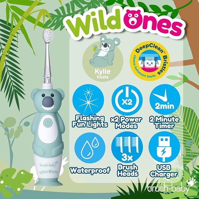 brush-baby WildOnes™ Rechargeable Kids Electric Toothbrush – Koala | Flashing Lights, 2-Min Timer, Waterproof, 3 Brush Heads | Toddler & Child Toothbrush Ages 0-10 | Soft Bristles