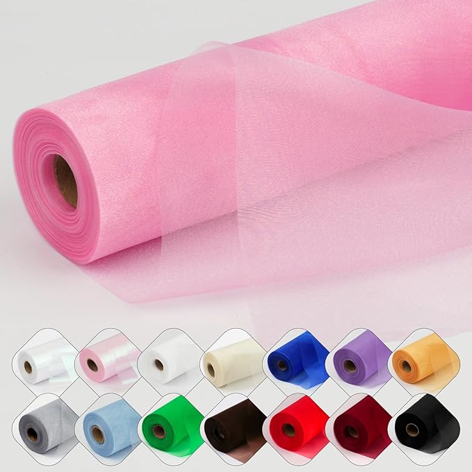 Crystal Organza Fabric Tulle 11 Inch by 50 Yards Sheer Tulle Rolls for DIY Craft Wedding Party Baby Shower Decor Gift Wrapping Party Supplies (Light Pink)