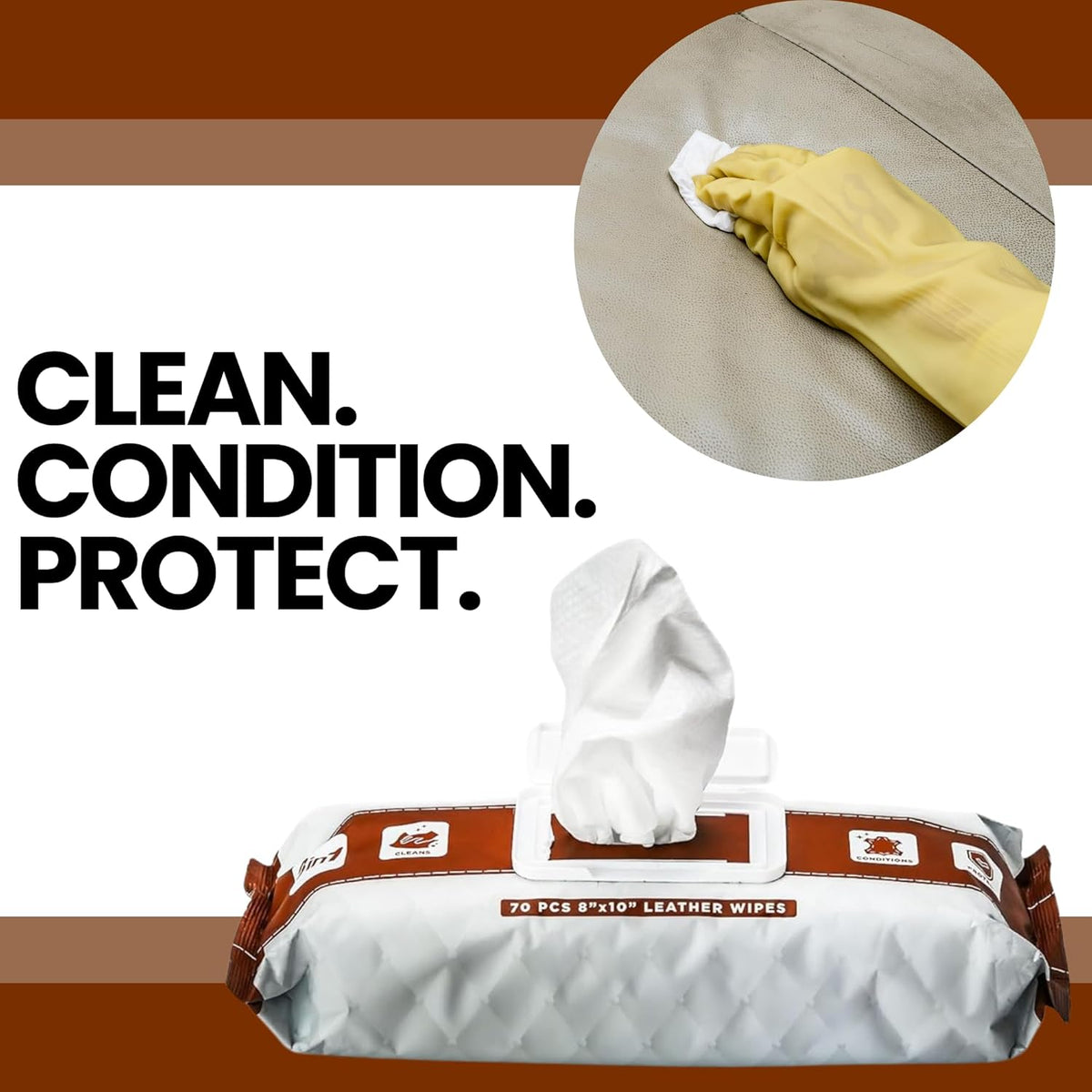 Venture Wipes Leather Cleaner Wipes - Clean, Condition, & Protect - Cleansing Wipes for Interior, Furniture, Purses, Shoes Boots - Car Cleaning Supplies - Extra Large 8"x10" - 70 Count