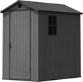 Greesum 4×6FT Plastic Outdoor Storage Shed with Floor, Resin Storaged Sheds with Lockable Door, Window & Vent, All-Weather Tool Sheds for Garden, Backyard, Patio, Dark Gray (One-Piece Panel)