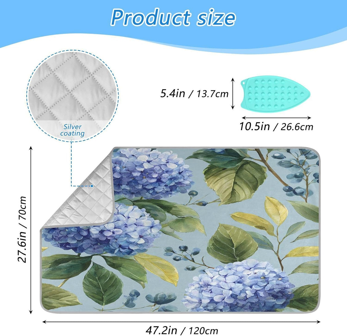 Watercolor Blue Hydrangea Ironing Mat Thickened Ironing Blanket Travel Portable Double-Side Using Ironing Pad Travel Isolate Heat Pad Cover for Washer Dryer Table Top Countertop 27.6x47.2in