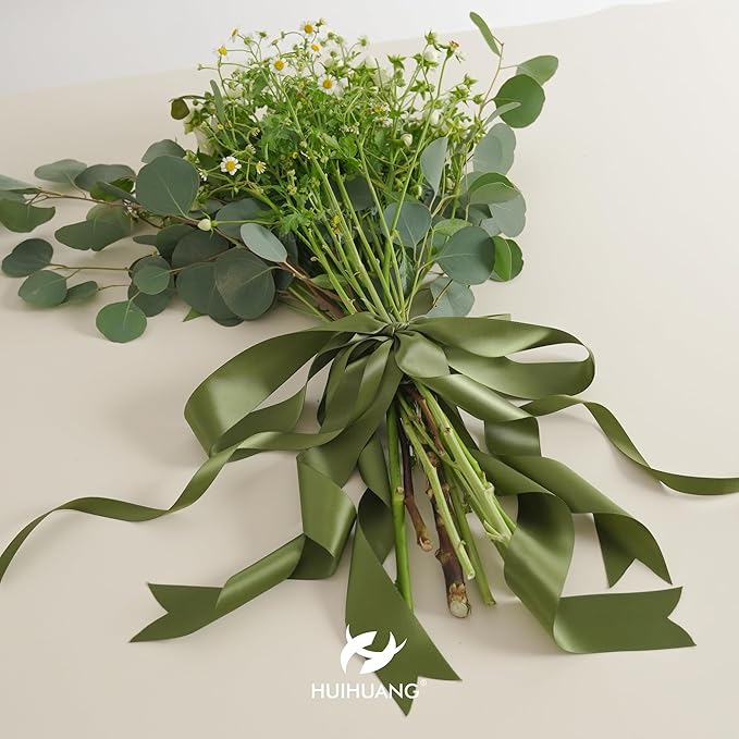 HUIHUANG Satin Ribbon 1 inch Moss Green Ribbon 50 Yards Double Face Silk Satin Ribbons for Crafts Christmas Tree Decor Gift Wrapping Bows Bridal Floral Bouquet Wedding Invitation Card Party Decor