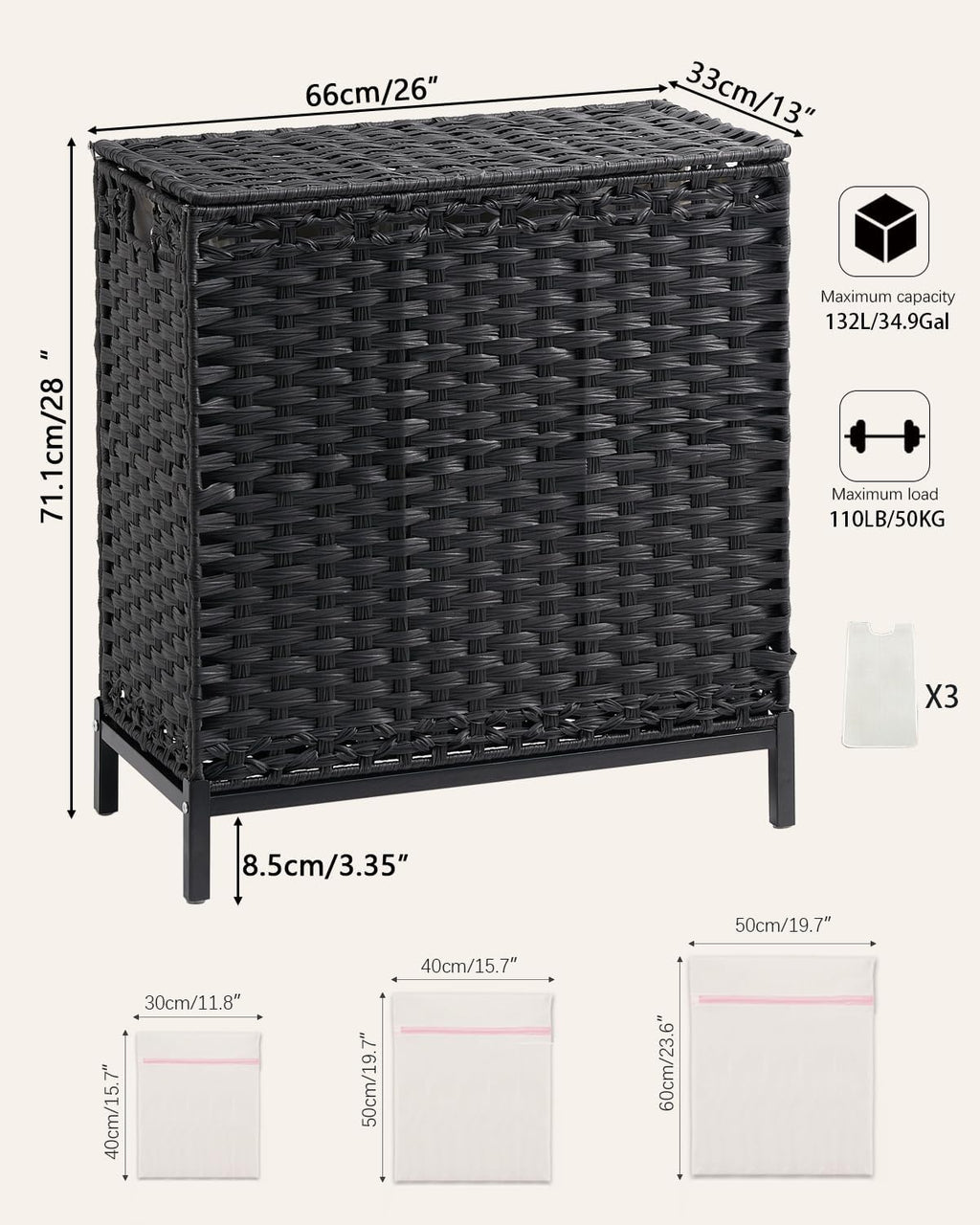 Laundry Hamper with Lid 132 L, (35 Gallons) Clothes Hamper with Lid, Handwoven Rattan Laundry Hamper with Metal Heightened Feet, Laundry Hampers with 3 Removable Liner Bags for Laundry-Black