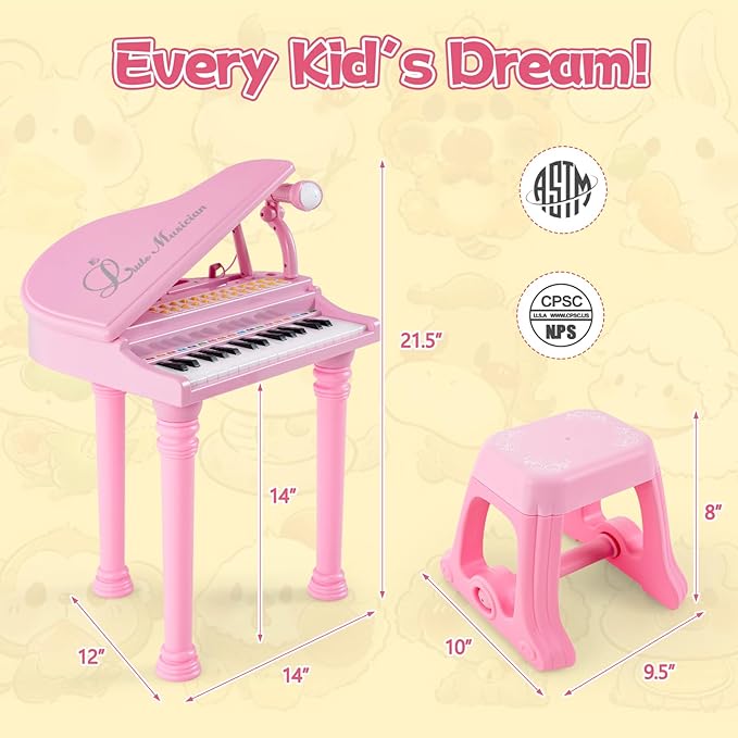 HONEY JOY Classical Kids Mini Grand Piano w/ Music Stand & Stool, Portable Electronic Piano Educational Musical Instrument Toy w/ Microphone, Lights, Gift for Kids (Pink, 31 Keys)
