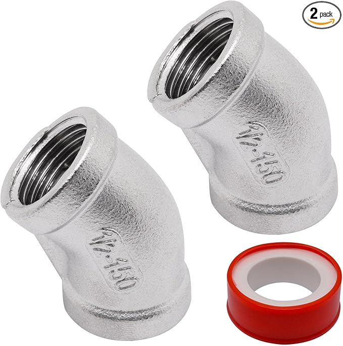 45 Degree Elbow 2PCS, 1/2" NPT Female x 1/2" NPT Female 304 Stainless Steel Pipe Fitting, Connector Coupler Apply to Outdoor/Garden/Industrial