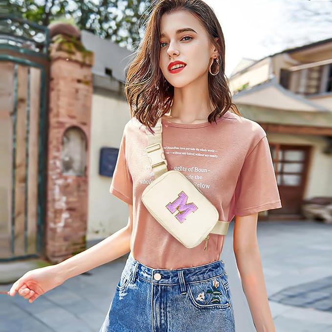 Gitus Gifts for 8 9 10 11 12 Year Old Girls Belt Bag Fanny Pack Crossbody Bags with Initial Letter Patch Cute Stuff Birthday Gifts for Teen Girls Women Personalized Trend Stuff (Ivory-M)