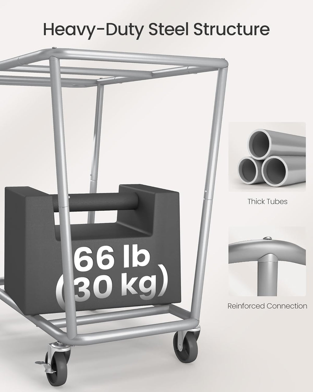 SONGMICS Laundry Basket with Wheels, 50.2 Gallons (190 L), 2-Section Rolling Laundry Hamper with Removable Bags, Heavy-Duty Steel Frame with Handle, Cream White URLS009W01