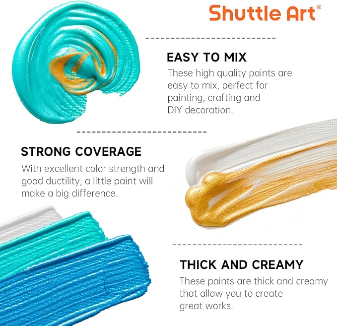 Shuttle Art Metallic Acrylic Paint Set, 20 Colors Metallic Paint in Bottles (60ml, 2oz) with 10 Brushes and 1 Palette, Rich Pigments, Non-Toxic for Artists, Beginners on Rocks Crafts CanvasWood Fabric