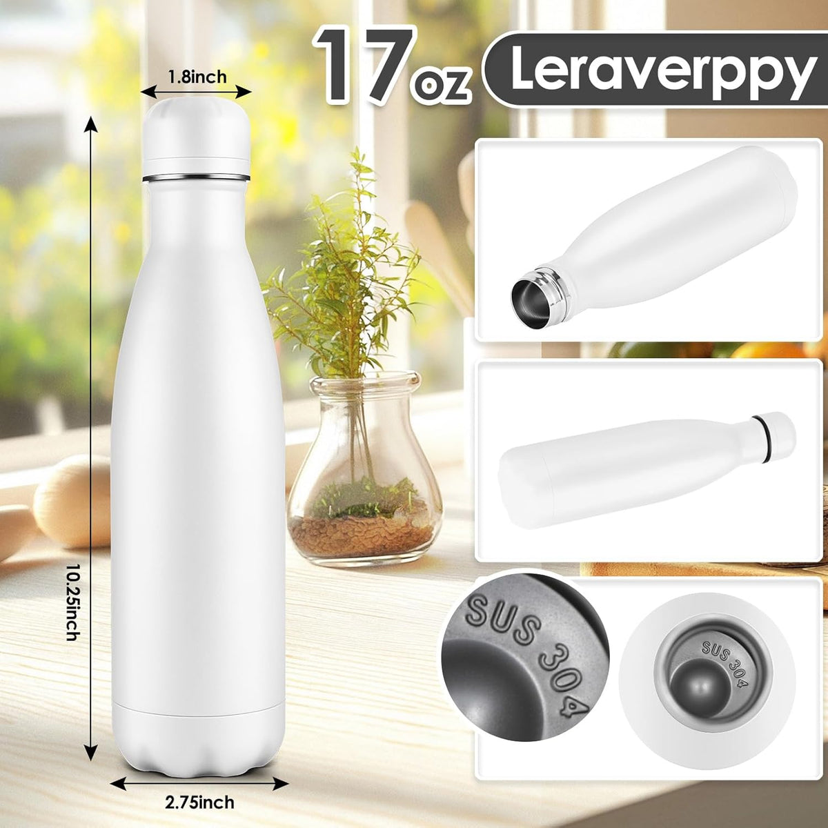 17oz Cola-Bottle Shaped Stainless Steel Leak-proof Water Bottle,Double Wall Vacuum Insulated Metal,Travel Mug For Sports Indoors & Outdoors,BPA-Free School Kids Flasks,White(4Pack)