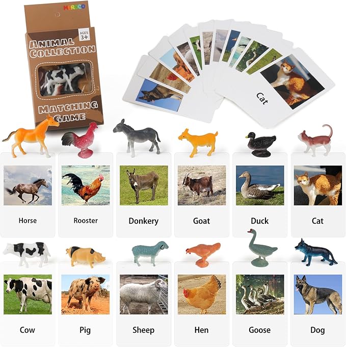 MEROCO Montessori Animal Match Cards Miniature Poultry Animals with Matching Cards - 2 Part Montessori Learning Toy, Language Materials TZX106