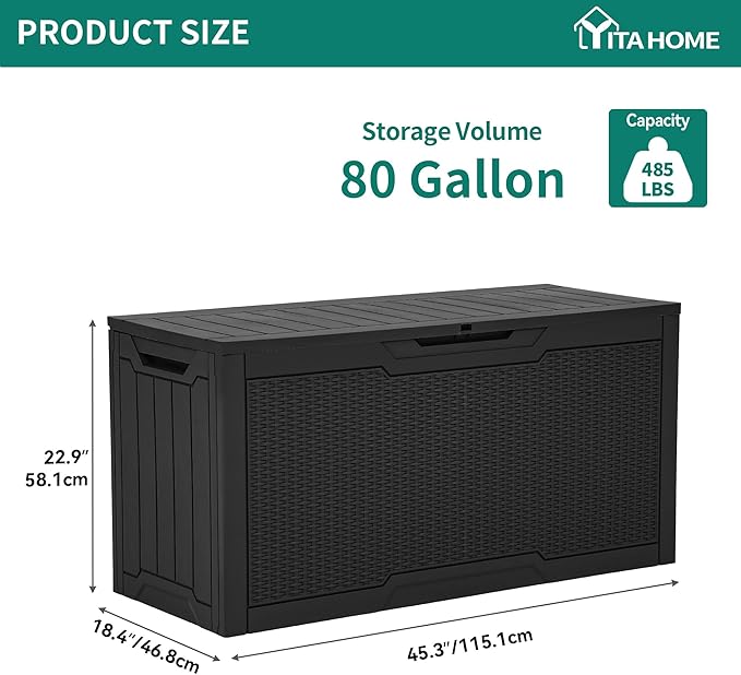 YITAHOME 80 Gallon Resin Deck Box, Weather Resistant Outdoor Rattan Storage Box, Lockable Indoor Outdoor Storage for Supplies and Essentials, Black