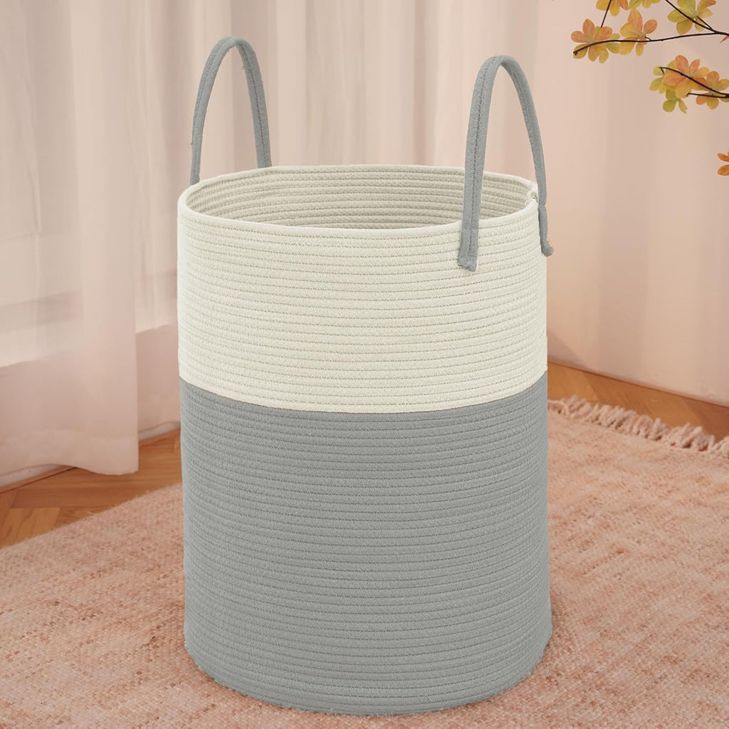 Large Woven Laundry Basket Hamper,80L Cotton Rope Storage Bin for Blankets,Toys and Clothes,Decorative Tall Nursery Hamper for Living Room,Baby Nursery,Bathroom and Bedroom,White and Grey