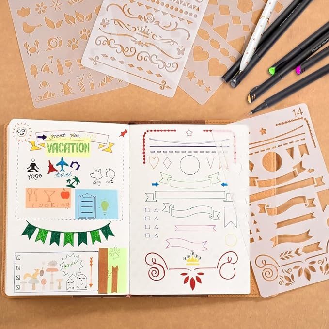 30 PCS Journal Stencils, Planner Stencils for Junk Journal Notebook Diary Scrapbook DIY Drawing Template Journal Stencil 4x7 Inch