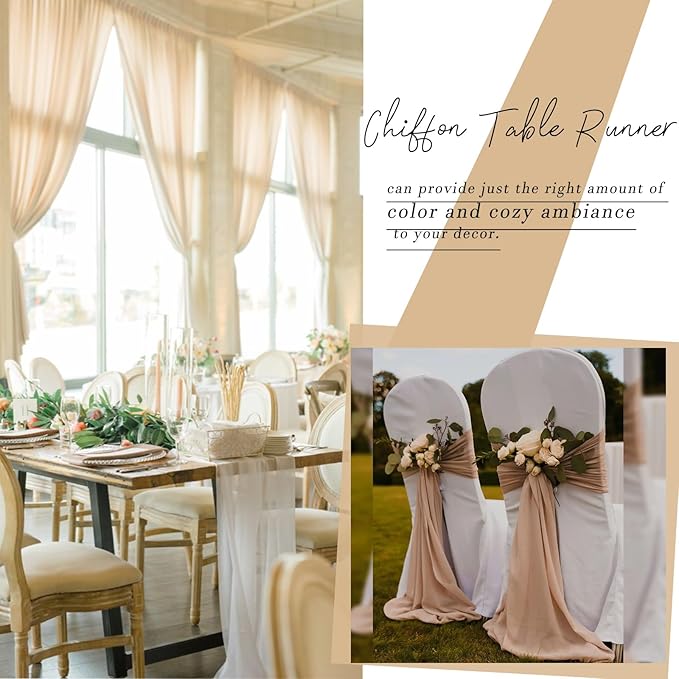 Champagne Chiffon Table Runner 30 x 120 Inches Sheer Table Runner 10ft Romantic Chiffon Table Runner for Wedding Decor Birthday Party Bridal Baby Shower Decoration