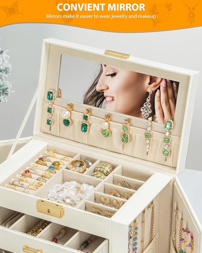 AKOZLIN Large 4-Tier Jewelry Box Leather Jewelry Storage Organizer with 3 Drawers Lockable for Women Girls Ring Necklace Earring Bracelet Watches Holder with Mirror White