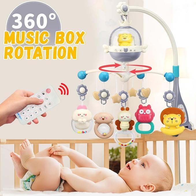 Baby Crib Mobile with Night Lights and Music,Hanging Mobile for Crib Bassinet with Rotation, Projection,Remote Control,Babies Crib Toys for Nursery Newborn Infant Boys Girls (Gray)