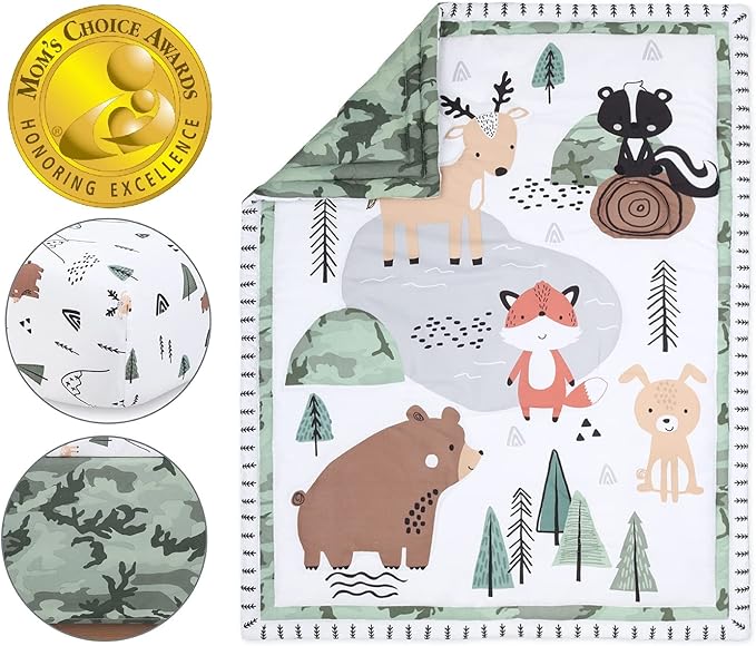 The Peanutshell 3 Piece Baby Crib Bedding Set for Boys - Newborn, Infant & Toddler Nursery Bed Set Decor with Fitted Crib Sheet, Dust Ruffle Comforter - Woodland Camo