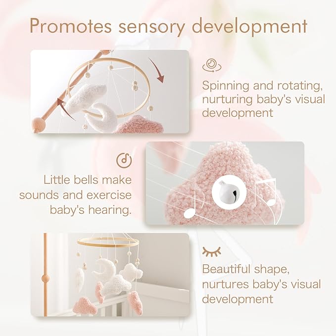 EERKEOD Baby Crib Mobile Bunny Nursery Mobile for Boys Girls Teddy Velvet Mobile Nursery Decor for Infant Bedroom Hanging Baby Mobile for Bassinet Newborn Baby Gift（Pink Clouds）
