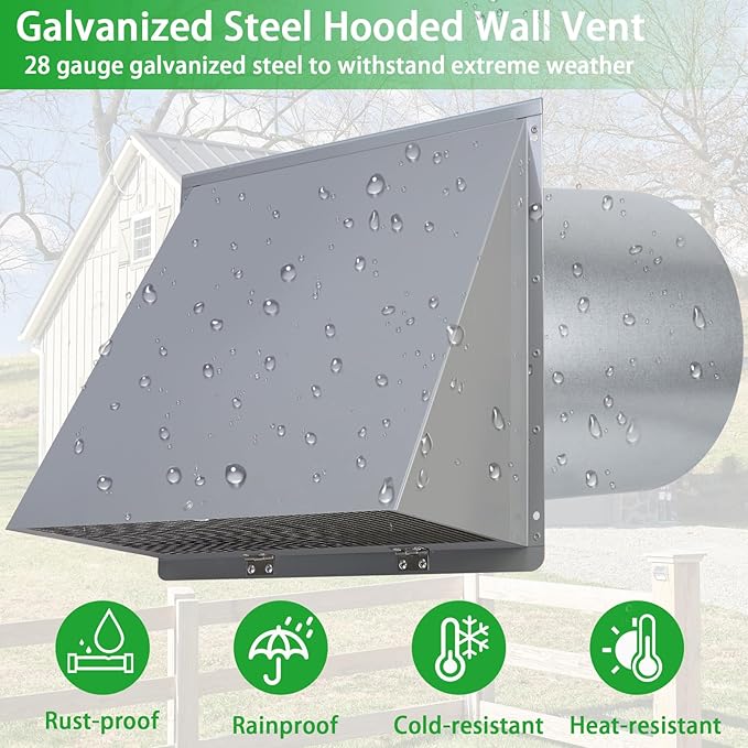 8 inch Hooded Wall Vent with Screen and Damper,Wall Vent Cover Exhaust Vent Outdoor Wall Cap Exterior Air Vent Cover for Kitchen Range Hood HVAC Duct Dryer Ventilation,Galvanized Steel,Gray