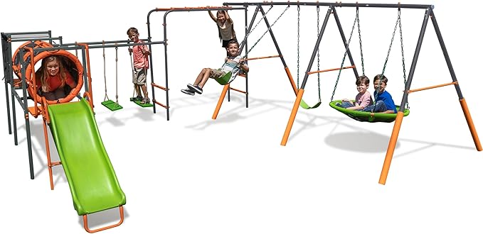 Jungle Warrior Big Cat Metal Swing Set: Adjustable Swings, 5ft Wavy Slide, Mesh Tunnel, Flying Saucer, Monkey Bars - Orange, Green and Grey - Exceeds ASTM Safety Standards