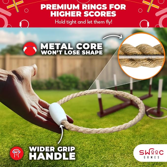 SWOOC Games - Rustic Ring Toss Game (All Weather) - Easy Setup & Extra Games Included - Ring Toss Game for Adults - Outdoor Acitivities for Adults - Yard Toys for Kids - Backyard Fun - Outdoor Party