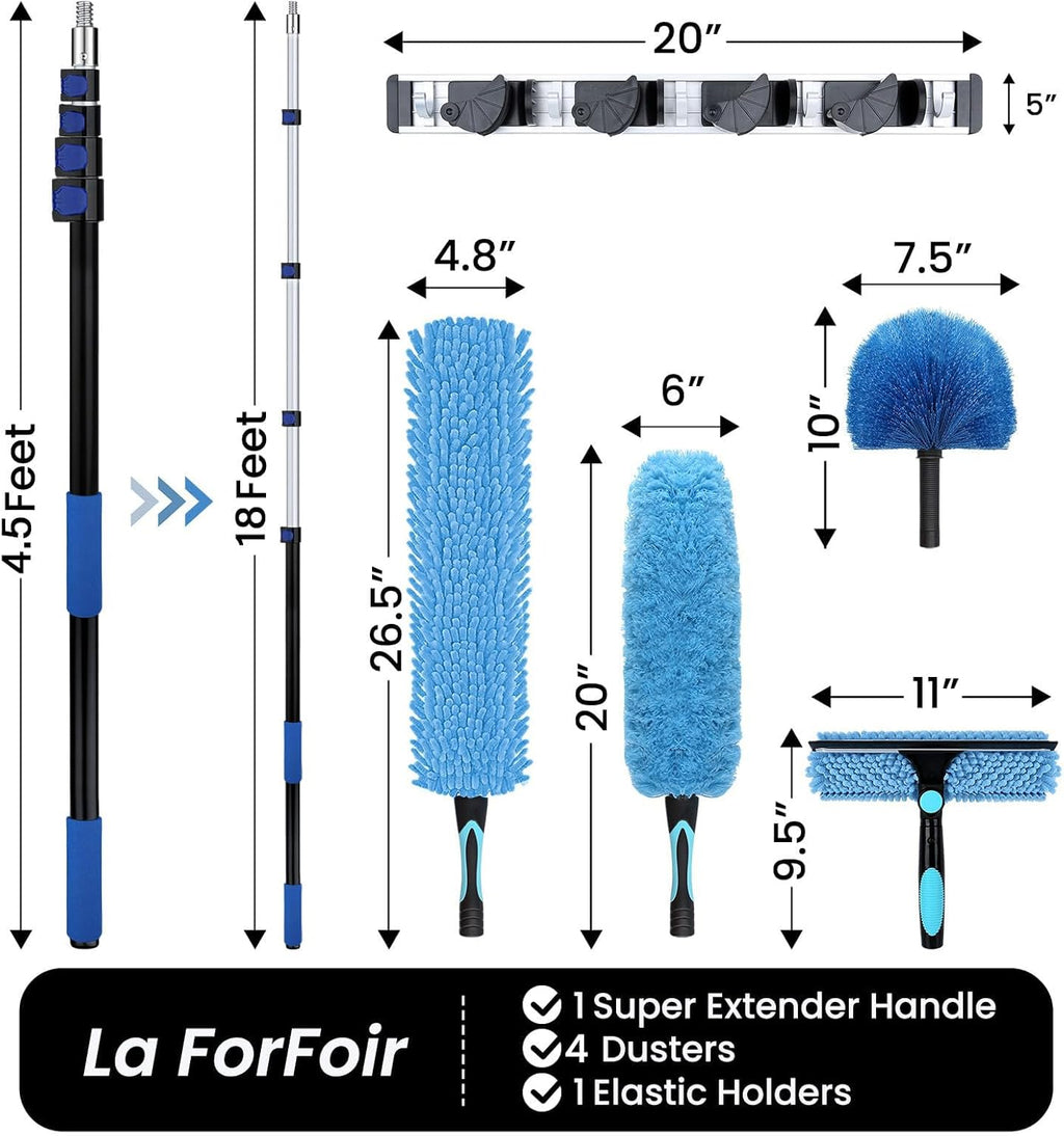 25ft High Ceiling Duster Kits with 5-18ft Heavy Duty Extension Pole - Fan Blade Cleaner, Cobweb Remover & Blue Window Squeegee Kit, Washable Dust Brush for High Roof and Glass Surfaces