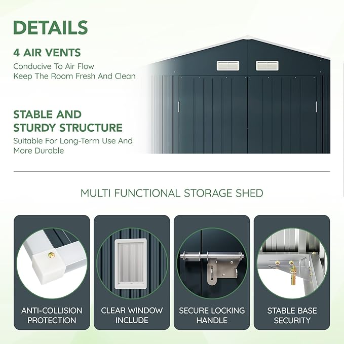 10X12X7.5 FT Outdoor Steel Storage Shed with Lockable Doors, 2 Windows, Transparent Roof Panels, Metal Frame Floor (Wood Panels Not Included), Ideal for Backyard, Patio Storage,Chicken Coop
